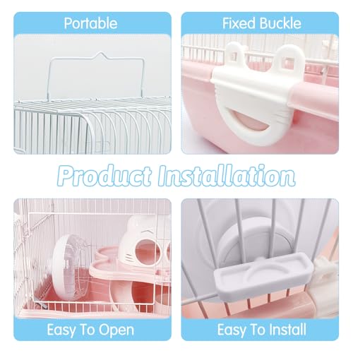 PINVNBY Dwarf Hamster Cage, Small Animal Cages, 2-Tier Travel Portable Mouse Cage Hamster Carrier with Castle House Running Exercise Wheels, Water Bottle and Food Dish（Pink） - color: Pink, size: L: 13.78x10.23x11.02in