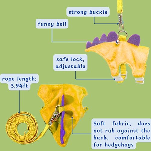 Adjustable Hedgehog Leash and Harness with Safe Bell, Dinosaur Shaped Harness Leash for Training Playing, Hamster Clothes for Ferret Guinea Pig Hamster, Hedgehog Accessories (Yellow) - color: Yellow