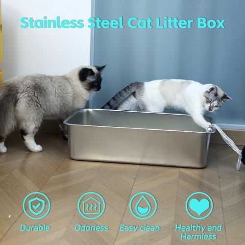 Stainless Steel Litter Box -6in High Side, | Metal Litter Box for Cat/Kitty/Rabbits，Stainless Steel Cat LitterBox-Metal PanToilet,No Smell, Non Stick, Easy Clean - color: M - 17" L x 13" W x 6" H