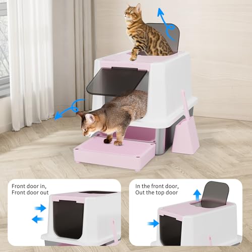 RIZZARI Enclosed Cat Litter Box with Scoop, Large Covered Litter Box | Helps Reduce Litter Tracking,Enclosed Privacy Space,Easy Top-Access Cleaning,Large Interior Capacity,Includes Litter Scoop - color: Pink