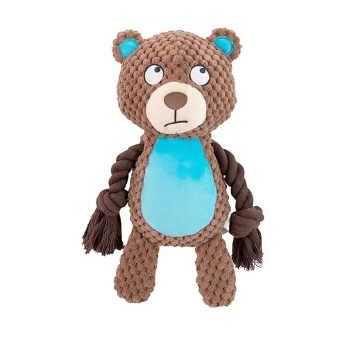 Plush Bear Dog Toy, Squeaky Tug Toy with Rope Arms for Small Medium Dogs | soft plush bear toy with rope arms and squeaker, designed for tugging, chewing and interactive indoor play - color: Brown