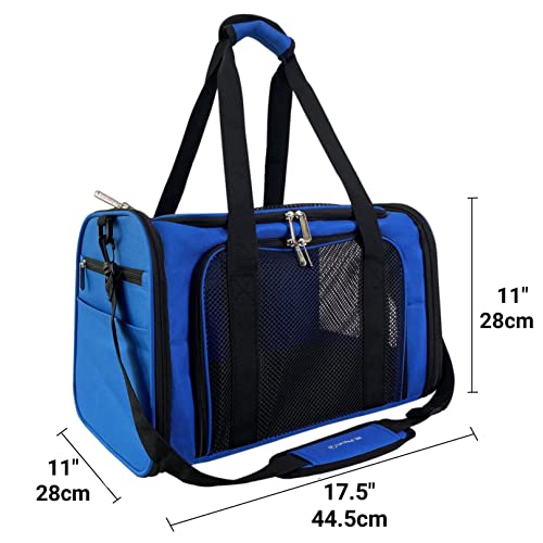 Airline Approved Soft Sided Pet Carrier, 17.5X11X11 Travel Tote with Soft Padded Bedding with Strong 1/4" Wood Base, Seatbelt & Luggage Attachment, Perfect for Cats and Small Dogs