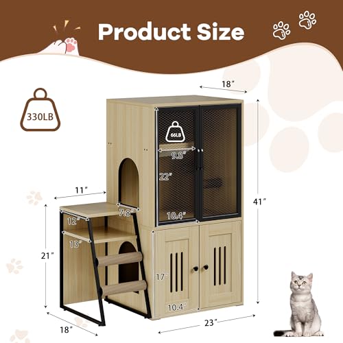 TrailBlaze Litter Box Enclosure with Platform, Double Layer Hidden Furniture, Modern Villa Cat Cabinet with Ladder, Hammock & Metal Mesh Door, Indoor Washroom Cat House-Burlywood - color: Burlywood