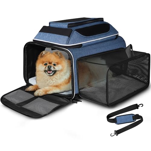 Top and Side Expandable Small Pet Carrier Airline Approved, Blue | 17"Lx11"Wx9.5"H, for Alaska Airlines, Pets Under 10 Lbs, Lockable Zippers,Soft-Sided, Anti-Scratch Mesh - color: Blue, size: 17.0"L x 11.0"W x 9.5"H