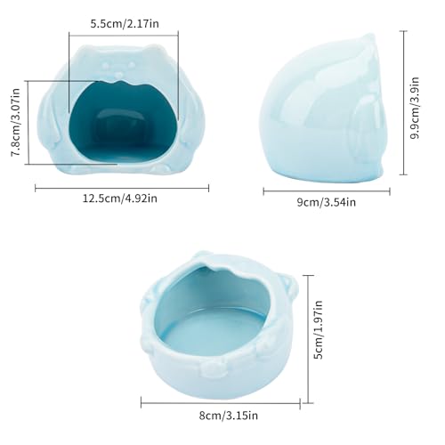 Bear-Shaped Hamster Hideout & Food Bowl Set - Ceramic Habitat for Syrian Dwarf Hamsters, Mice, Gerbils - All-Season Use, Chew-Proof Ceramic House and Feeding Dish for Small Pets(Blue)