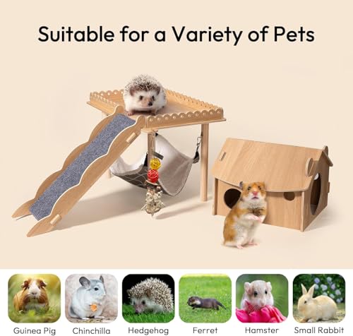 3-in-1 Guinea Pig Hideout, Large Wooden Guinea Pig House | with Stairs, Hammock, Mat, and Chew Toys, Suitable for Small Rabbits, Guinea Pigs, Hamsters, and Other Rodents