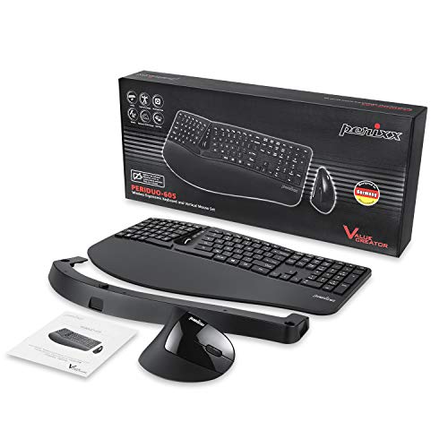 Perixx Periduo-605, Wireless Ergonomic Split Keyboard and Vertical Mouse Combo, Adjustable Palm Rest and Membrane Low Profile Keys, Black, US English Layout (11633) - style: Wireless