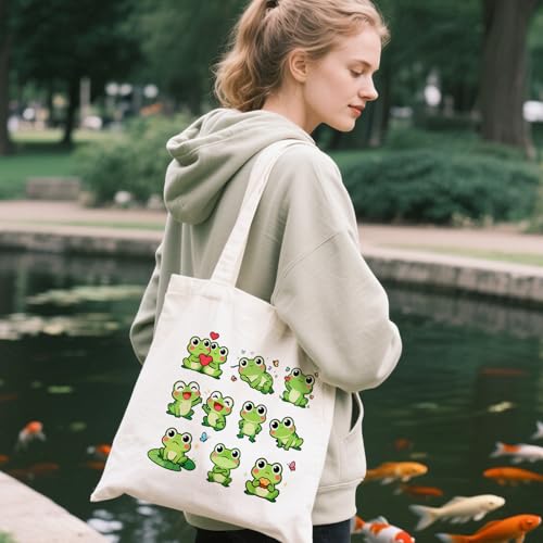 ANATTASOUL Canvas Tote Bag Reusable Cotton Bag for Women, Large 14.96"x 15.74" Cloth Shoulder Bags with Zipper Pockets - style: Frog
