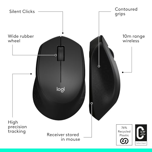 Logitech M330 Silent Plus Full Size 2.4 GHz Wireless Mouse - Black | Silent, lightweight, 2.4 GHz USB-A Nano Receiver, 1000 dpi optical tracking, 2-year battery life, PC, Mac, laptop compatible - color: Black