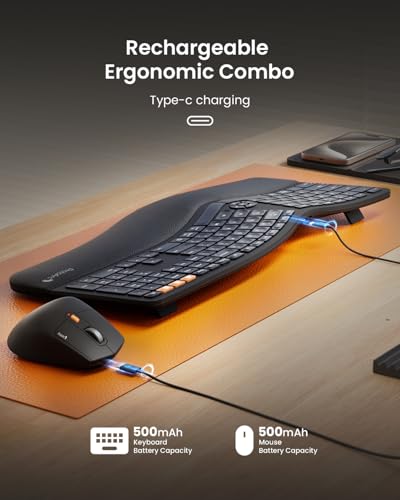 ProtoArc EKM01 Plus Wireless Ergonomic Keyboard Mouse Combo - Black | Full-size Split Keyboard with Cushioned Wrist Rest, Ergonomic Mouse, 3-Device Bluetooth/2.4G, USB-C Rechargeable - color: Black