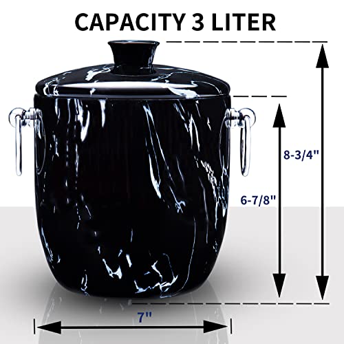 Ice Bucket with Lid, Scoop, Tongs and Strainer - Well Made Insulated Stainless Steel Keep Ice Frozen Longer - Ideal for Cocktail Bar, Parties, Chilling Wine, Champagne - 3 Liter (Black Marble) - color: Black Marble