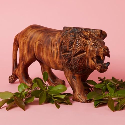 Large Wood Animal Sculptures Set for Room Decor, Giraffe, Hippo, Rhino, Lion and Elephant Statues, Brown - size: Set of 5