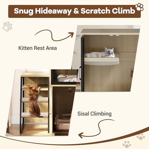 TrailBlaze Litter Box Enclosure with Platform, Double Layer Hidden Furniture, Modern Villa Cat Cabinet with Ladder, Hammock & Metal Mesh Door, Indoor Washroom Cat House-Burlywood - color: Burlywood