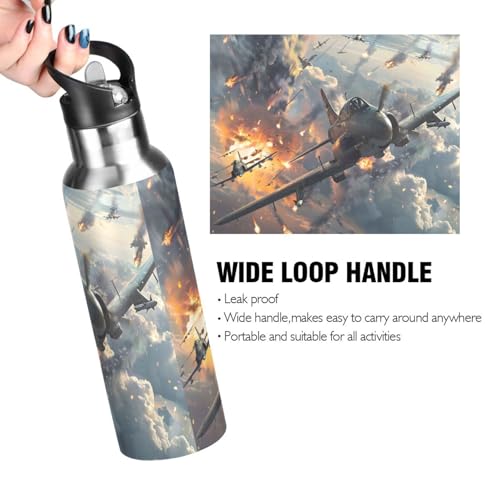 Fighter Jets in Action Water Bottle Kids Insulated Sports Vacuum Stainless Steel Mug with Straw Lid & Handle 20 oz - color: C1019