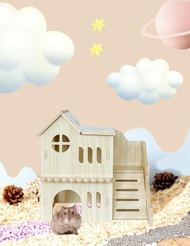 Hamster Hideout Cage Accessories - Hamster House and Habitat Wooden Hide Hut with Climbing Ladder for Dwarf Gerbils and Mouse Mice Rat Other Small Animals etc.