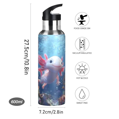 Adorable Ocean Animal Axolotl Water Bottle Kids Insulated Sports Vacuum Stainless Steel Mug with Straw Lid & Handle 20 oz - color: D07