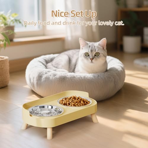 Elevated Cat Bowl, Raised Cat Food and Water Bowl Set for Indoor Cats, Splash Proof with 2 Stainless Steel Pet Food Bowls for Cats and Puppies, Whisker Fatigue and Dishwasher Safe - Yellow - color: Cat Bowls-Yellow