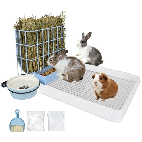 BESNEW 3 in 1 Rabbit Hay Feeder with Litter Box,Upgraded Metal Hay Rack & Litter Tray & Water Bowl,Quick Cleaning,Easy to Install,Bunny Supplies for Rabbit Guinea Pig Chinchilla Small Animals - color: Blue, size: 10in set