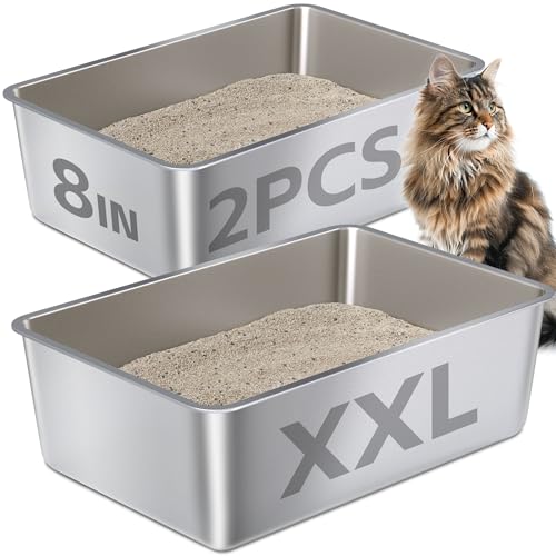 Stainless Steel Litter Box,Metal Litter Box for Big Cats 8IN Deep | Cat Litterbox 2 Pack Easy to Clean-High Sided,Stainless Steel CatLitters Box for Adult Cats,Non Stick, No Smell - color: 2packs-XXL-8" H