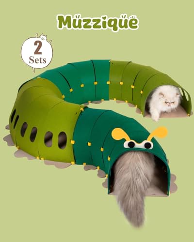 Felt Cat Tunnel, Connectable Large Cute Rabbit Tunnel Bed, with Hair Brush | Indoor Modular S Caterpillar Shape Kitten Cave, Interactive Hole Toy, Hideaway Bunny Furniture, Peekaboo Green Entertainment