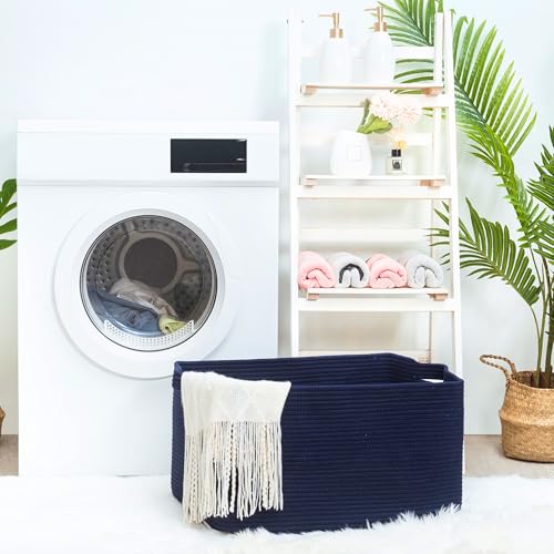 22in Extra Large Blanket Basket Holder Living Room, Rectangle Rope Woven Storage Basket with Handles for Laundry, Pool Towels, and Shoes, Dog Toy Organizer Bin Box, Full Navy - color: Full Navy Blue