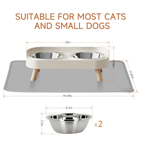 Elevated Cat Bowl with Food Mat, Raised Cat Food and Water Bowl Set for Indoor Cats, Splash Proof with 2 Stainless Steel Pet Food Bowls for Cats and Puppies,Whisker Fatigue and Dishwasher Safe (White) - color: Cat Bowls with mat - white