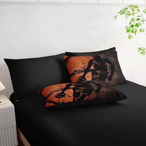 7Pcs Sports Comforter Set Basketball Printed Bedding Set with 1 Comforter, 1 Flat Sheet, 1 Fitted Sheet and 4 Pillowcases for Boys and Girls Bedroom (Basketball-2 Twin - color: Basketball-2, size: Twin 68x86inches