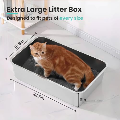Extra Large Stainless Steel Cat Litter Box, 23.6"x15.7"x6" | Non-Sticky, Smooth Metal Litter Box for Indoor Cats, Leak-Proof, Easy to Clean, Non-Slip, High Sided, Easy Entry - size: 23.6”x15.8”x6”