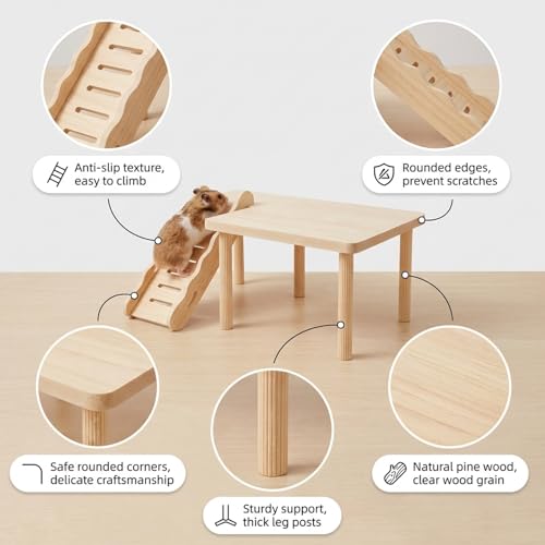 3 Pcs Wooden Hamster Platform and House Set,Hamster Game Climbing Toy With Platform,Wooden Hideaway House,Activity Seesaw,Small Animal Fun Activity Space For Syrian Hamsters, Gerbils, Mice - color: Wooden Platform and House Set