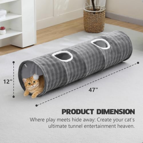 Straight Bubble Cat Tunnel for Indoor Cats 47"x12", Grey | Cute Cat Toys, Collapsible Tunnel Tube with Hanging Balls for Puppy Kitten Rabbit - color: Grey, size: Straight