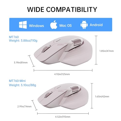 Rapoo MT760Mini Bluetooth Wireless Mouse - Bluetooth 5.0 and 2.4GHz Multi-Mode Connection, Support 4 Devices, M+ Cross Computer Technology, 11 Programmable Buttons,Pink - color: Pink, size: Mini