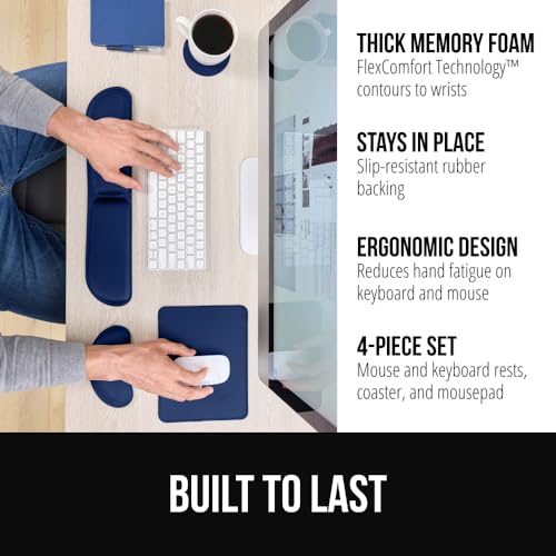 GORILLA GRIP Silky Memory Foam Keyboard Wrist Rest and Mouse Pad for Computer, Ergonomic Typing Support, Desk Office Supplies Gaming Accessories, Hand & Arm Mousepad Cushions and Coaster Set Navy Blue - color: Navy Blue, size: Set of 4 (2 Wrist Rests + Co