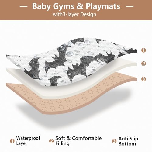 Baby Play Mat Black Brush Doodle Bats 50 x 50 Playpen Mats for Floor Play Gym Crawling Mat Non-Slip Cushioned Baby Playmat for Infants, Babies, Toddlers - color: multi 24