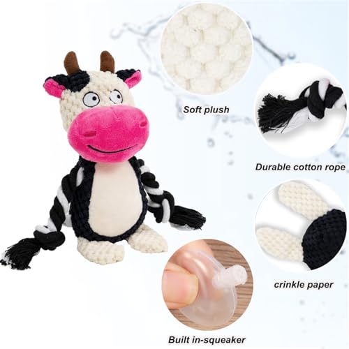 Plush Cow Squeaky Dog Toy,for Aggressive Chewers | Built-In Squeaker,Natural Cotton Rope Legs,Reinforced Texture For Medium Dogs,Small Breed Teething,Machine Washable - color: cow