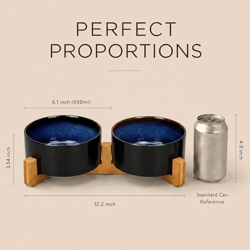SPUNKYJUNKY Ceramic Dog and Cat Bowl Set with Wooden Stand, Modern Cute Weighted Food Water Set for Small Size Dogs (13.5OZ) & Medium Sized Dogs (28.7OZ) & Cats (3.6 Cups, 2 × Starry Blue) - color: Starry Blue × 2, size: 3.6 cups