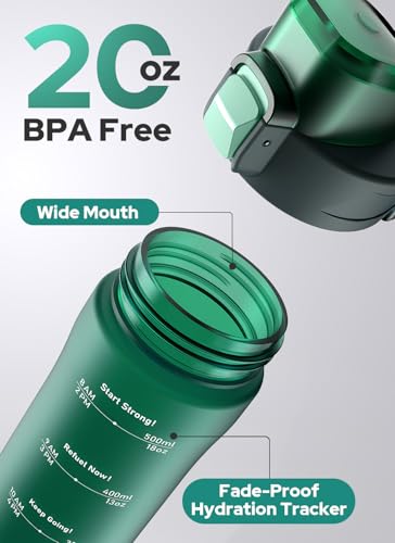 Opard Zip 20oz Plastic Water Bottle Dishwasher Safe, Leakproof Flip-Top Lid, BPA Free Tritan, Wide Mouth Reusable Kids Water Bottle for School Hiking Commuting Outdoor Travel and Gym - color: Forest-Green, style: 20 oz - Fast Flow