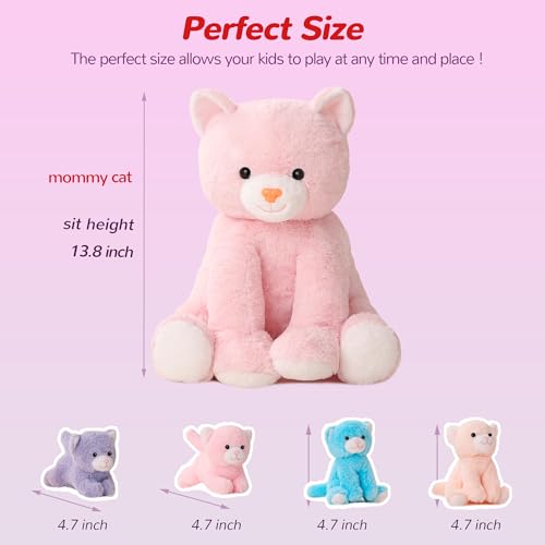 Vposyako 5 Pieces Cat Stuffed Animals for Girls, 1 Mommy Cat with 4 Babies, Soft Plush Cat Toy Set for Kids 3-9, Gifts for Christmas, Birthday, Children's Day, Valentine's - style: Cat