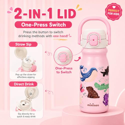 18oz Insulated Stainless Steel Kids Water Bottle for School, Animal | 2-in-1 Straw & Spout Lid, Leak-Proof, BPA-Free, for Girls & Boys, Pink - color: 18oz Light Pink-Animal