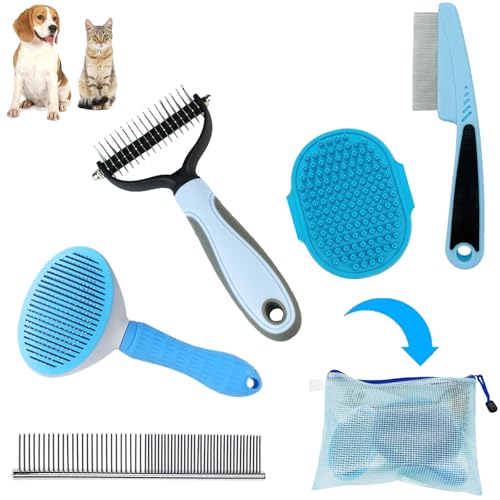 Dog Brush Grooming Kit 5PCS - Dog Brush for Shedding,Puppy Brush and Flea Comb for Dogs, Slicker Brush Comb and Dog Hair Brush Set Blue, Grooming at Home or Travel - color: B-Blue 5 Kits