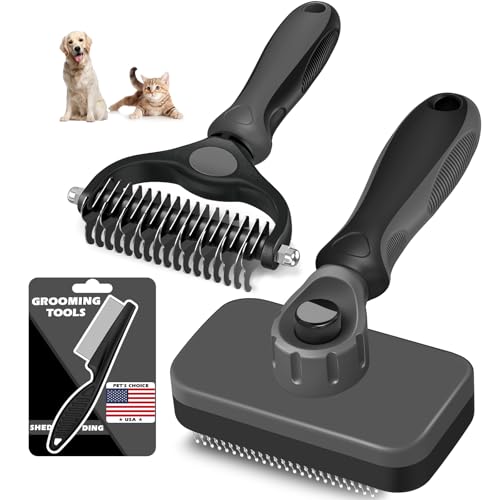Professional 3PCS Self Cleaning Slicker Brush & Pet Grooming Rake & Flea Comb for Dogs,Cats and Horses | Double-Sided Dematting Comb & Skin Friendly Deshedding Grooming Tool | Pet Supplies (Grey) - color: Grey