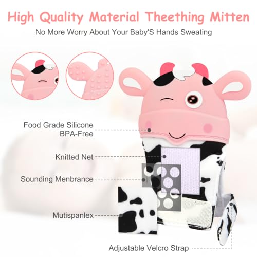 2Pack Silicone Teething Mitt, Cow Baby Teething Toy for 0-6 6-12 Months, Food Grade Silicone Infant Teething Mitten, BPA-Free Baby Chew Toys for Pain Relief, Sucking Needs - color: Pink Cow