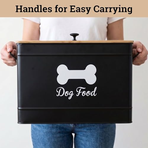 Metal Dog Food Container 15-20 lbs w/ Airtight Bamboo Lid, 70 Cup Capacity | Pet Jar For Dogs up to 100lbs, Airtight Bamboo Lid, Sturdy Comfortable Metal Handle, Powder Coated Iron, Kibble Storage Bin - color: Black