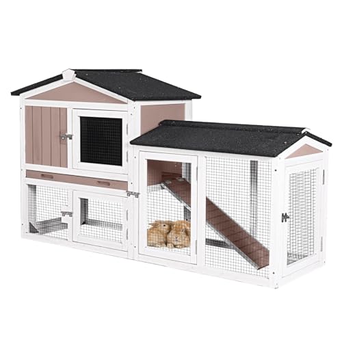 55'' Rabbit Hutch Indoor and Outdoor, Bunny Cage with Waterproof Roof and Deeper Leakproof Tray, Wooden Rabbit House with Anti-Chewing Ramp, Chicken Coops, Duck House (Brown) - color: Brown, size: 55.0"L x 21.3"W x 33.4"H
