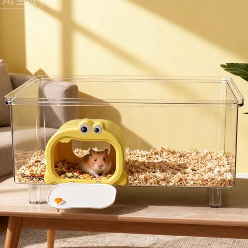 Hamster Hideout with Magnetic Holder for Cage - Open Lid Visible Hamster House Inside for Syrian Dwarf Mouse Rat Gerbils Mice Cage Accessories (Cartoon)