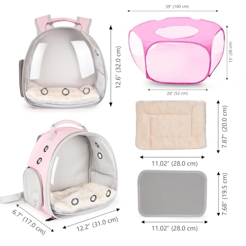 2-Pack Guinea Pig Carrier Backpack and Playpen with Lid, Breathable Pet Playpen Pop Open Exercise Fence, Portable Small Animal Cage for Rabbits, Chinchillas, Squirrel, Lizard, Sugar Glider - color: Pink