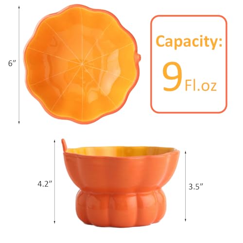 Cute Pumpkin Shaped Raised Ceramic Cat Water Bowl, 9 oz | Whisker Friendly, Anti Vomiting, Elevated Design, Indoor Cats - color: Orange