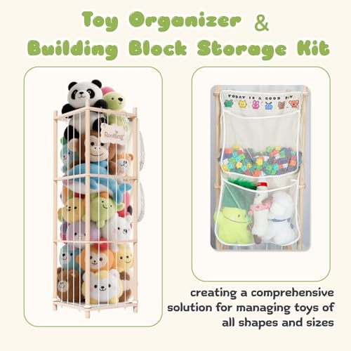 Stuffed Animal Storage & Organizer, 54 inch Tall Wooden Cute Zoo Toy Holder w/Building Block Storage Bag, Premium Wooden Material with Elastic Cord For Toddler Rooms, Playrooms & Bedrooms - color: Natural, size: Large