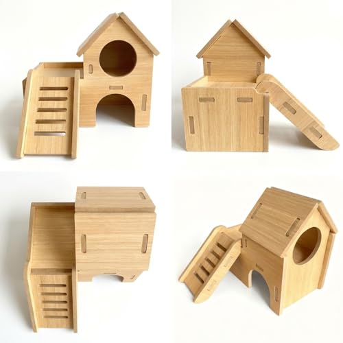 3 Pcs Hamster Wood House Set, Maze Wood House with Ramp,Activity Seesaw,Climbing Bridge,Small Animal Fun Activity Space for Syrian Hamsters, Gerbils, Mice - color: Wood House Set