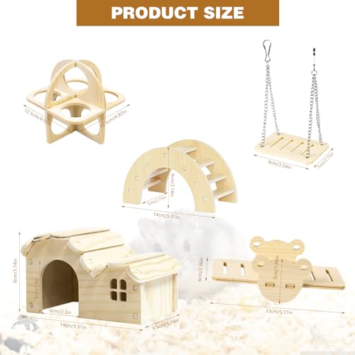 Hamster Toys 5-Piece Set,Hamster House, Swing, Climbing Ladder, Seesaw & Exercise Wheel,Pet DIY Sport Exercise Toys Set, Small Animal Habitat Accessories,Gerbils, Mice(Natural Wood A) - color: BrownH