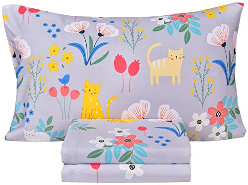 Scientific Sleep Kitty Cats Flowers Girls Kids Toddler Teens 100% Cotton Twin Bed Sheet Set, Flat Sheet & Fitted Sheet & Pillowcase Bedding Set (Cats Flower, Twin) - color: Cats Flower, size: Twin